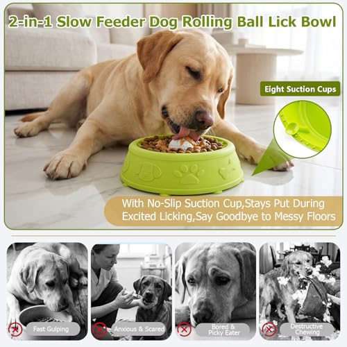 Dog Slow Feeder Lick Bowl with Rolling Ball for Liquid Treats,2-in-1(Green) - color: Green