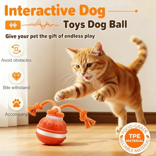 Interactive Dog Toys, Automatic Rolling Ball, Squeak Dog Toys for Boredom Interactive, Touch Activated, Dog Ball Chew Toy with Fun Rope for Small/Medium Dog Cat Indoor/Outdoor (Orange) - color: Orange
