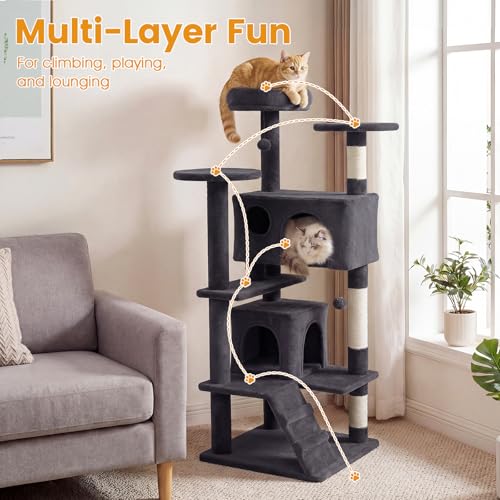 PETSITE 52-inch Cat Tree, Multi-Level Cat Tower with Sisal Scratching Posts, 2 Comfy Condos, Plush Padded Soft Top Perch, Dangling Balls, and Climbing Ladder, Ideal for Indoor Cats (Dark Grey) - color: Dark Grey