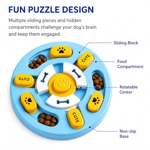Interactive Dog Puzzle Toy Slow Feeder – Dog Enrichment Toys for Mental Stimulation, Anti-Slip Food Puzzle Bowl, Slow Eating Feeder for Puppies & Dogs, Boredom Relief Pet Toy (Blue and Yellow)
