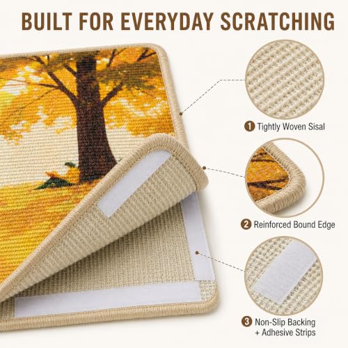 Sisal Cat Scratching Mat, Wall Mounted or Floor Scratch Pad, Non-Slip Backing with Adhesive Strips, Furniture Protector for Cats, Durable Natural Fiber, Low Shedding, 23.6 x 15.7 Inch