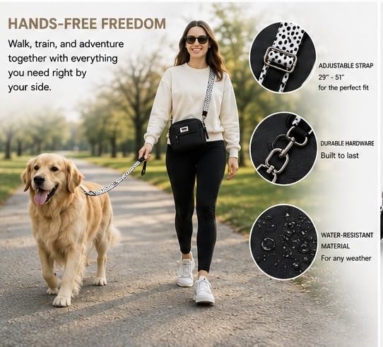 Hands-Free Dog Walking Crossbody for Training, Treat Pouch, Built-in Poop Bag Dispenser, Used Bag Hook & Bonus Tripod (Black) - color: Black
