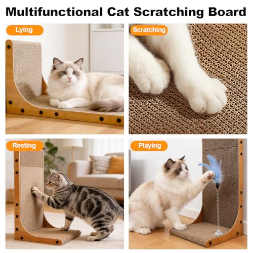 Goosheep 22in L-Shaped Cat Scratcher 2-in1 Scratching Board for Indoor Cats Protecting Furniture Cardboard Box Scratch Pad, Scratching Posts with Feathered Toy - color: 1pk 22in L-Shape Cat Scratcher with Box