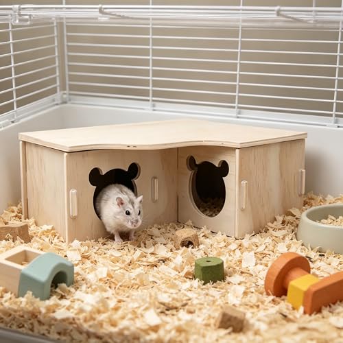 Multi-Chamber Hamster House Maze, 3-Room Hideouts, Wooden Hamster Maze & Tunnel Exploring Toys, Dwarf Hamster House Habitats Decor for Hamster Mice Gerbils Lemmings