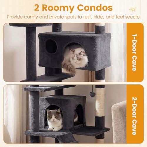 PETSITE 52-inch Cat Tree, Multi-Level Cat Tower with Sisal Scratching Posts, 2 Comfy Condos, Plush Padded Soft Top Perch, Dangling Balls, and Climbing Ladder, Ideal for Indoor Cats (Dark Grey) - color: Dark Grey