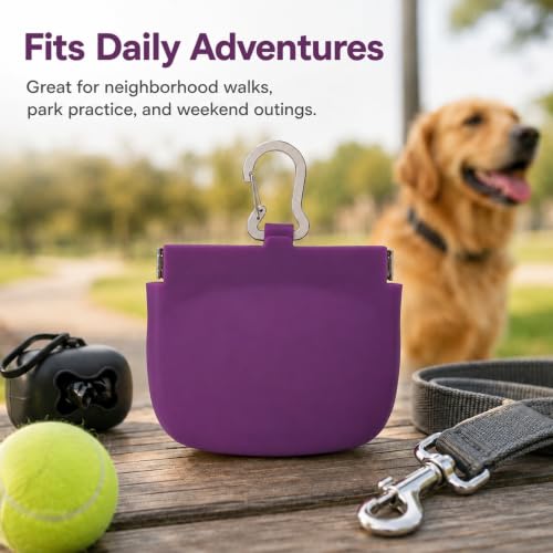 Silicone Dog Treat Pouch for Pet Training One-Hand Access One Cup Silicone Treat Bag with Pull Tab and Auto Closing Lid Treat Pouches for Leash(Color: Purple) - color: Purple