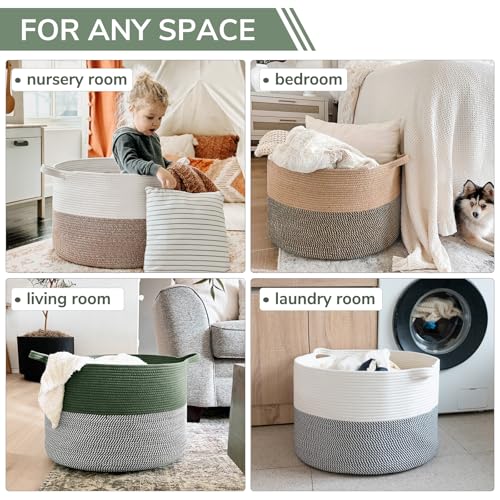 INDRESSME XXXLarge Woven Rope Blanket Basket Living Room Green, 90L - color: Green & White, size: 21.7"D x 13.8"H