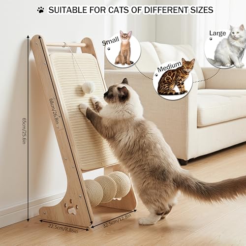 Cat Scratcher for Indoor Cats, Sisal Cat Scratching Board with 3 Sisal Scratch Balls, Solid Wood Cat Scratchers Pad Ramp, L-Shaped Cat Scratching Post
