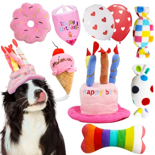 lilfrd 9Pcs Pink Dog Birthday Toy Set, Squeaky Hat Bandana Gift for Dogs - style: Pink Birthday Pack