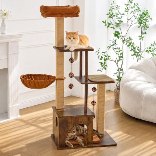 FUKUMARU Retro-Modern Cat Tree, 4 in 1 Large Cat Tower with Hammock & Condo