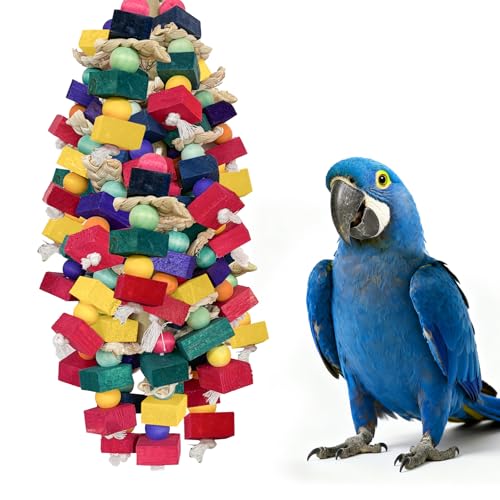 Bird Toys for Large Parrots Colorful Natural Wood Block Parrots Chew Foraging Toys for Bird Cages Cockatoos, Macaws, African Greys, and Amazons