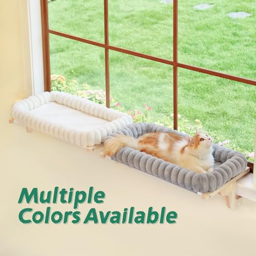 Zakkart SnugCloud Cat Perch for Windowsill (Natural Wood/Cream White, M) - color: Natural Color Wood w/ Cream Bed, size: Medium (22"x15")
