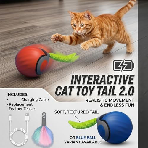 Teazys Cat Toy Turbo Tail 3.0,Interactive Cat Toy Ball, Automatic Cat Toy with Tail, Electric Rolling Ball on Carpet, Cat Enrichment Toys for Small/Medium/Large Cats to Keep Them Busy (Blue) - color: Blue