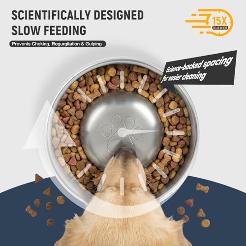 Dog Slow Feeder Bowls Food-Grade 304 Stainless Steel Dog Slow Feeder Bowl Double Wall Heavy Duty Non-Slip Rubber Base 2 Cups Capacity for Small Medium Dogs- Black - color: Black