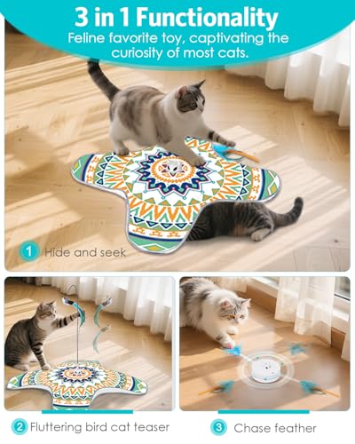 Interactive Cat Toy, Rechargeable Cat Toys for Indoor Cats, Automatic Cats Chasing Toy, Hide & Seek, 2 Modes, Self-Holding Suction Base, 3-in-1 Feather Toys with 1 Teaser Pole, 4 Replacements