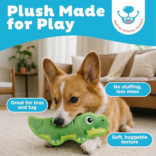 Outward Hound Tough Skinz Dog Toy, Durable Plush with 2X Lining, No Stuffing, Jumbo Squeaker, Alligator, 9.5" - color: Alligator Green, size: Medium