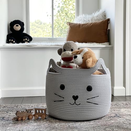 Large Woven Rope Cat Toy Basket with Cat Face Design, Grey - color: Gray, size: 15.7"W x 11.8"H