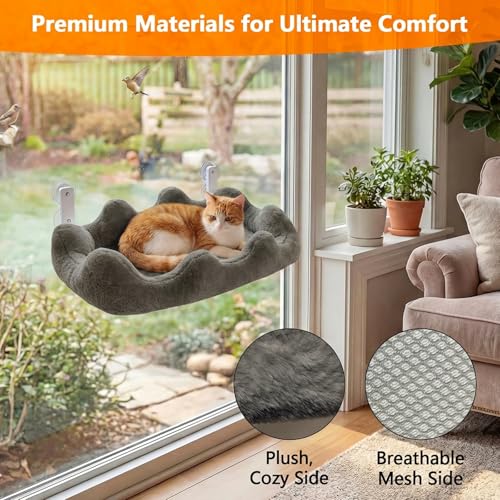 Homegroove Cat Window Perch, 24 x 12 Inch Foldable Cat Hammock for Window with 4-Sided Bolster & 4 Large Suction, Cloud Shape Cordless Window Bed for Indoor Cats (Gray, Large(24'' x 12'')) - color: Gray