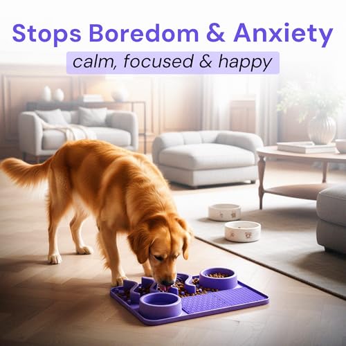 Dog Lick Mat with Strong Suction Cups, Slow Feeder for Dogs, Anxiety & Boredom Relief, Enrichment Licking Mat with Bowl & Spatula, Non-Slip Silicone, Dishwasher Safe