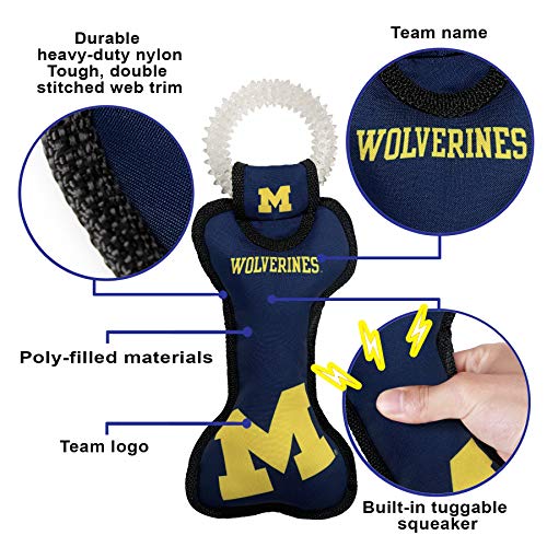 Pets First NCAA Michigan Wolverines Dental Dog TUG Toy with Squeaker. Tough PET Toy for Healthy Fun, Teething & Cleaning Pets Teeth & Gum - color: Michigan Wolverines