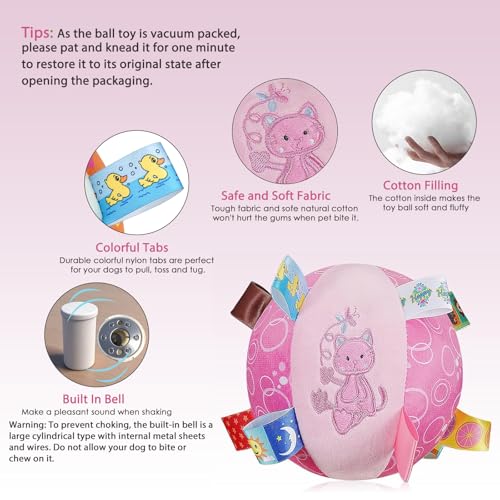 Letalong Dog Squeaky Plush Toy with Straps, 6-Inch Soft Stuffed Ball with Cotton Material and Bell Built-in, Pet Interactive Fetch Toy for Small to Large Dog - color: Pink