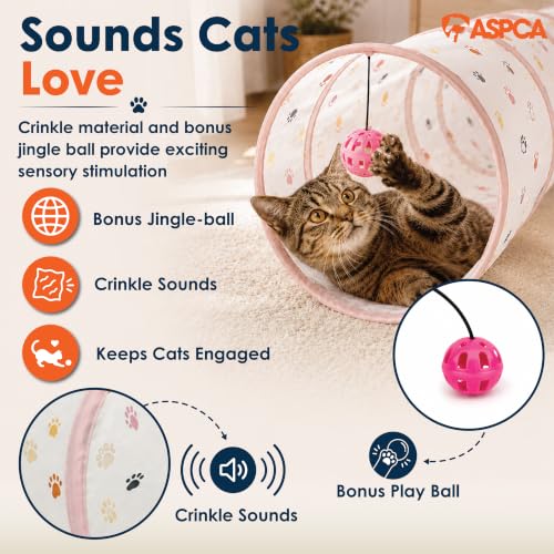 ASPCA Cat Tunnel with Rattle Toy – Interactive Collapsible Cat Tunnel for Indoor Cats, Crinkle Play Tunnel with Hanging Rattle Toy, Encourages Hiding, Chasing, Pouncing & Active Play, Paw Printed - color: Paw Printed