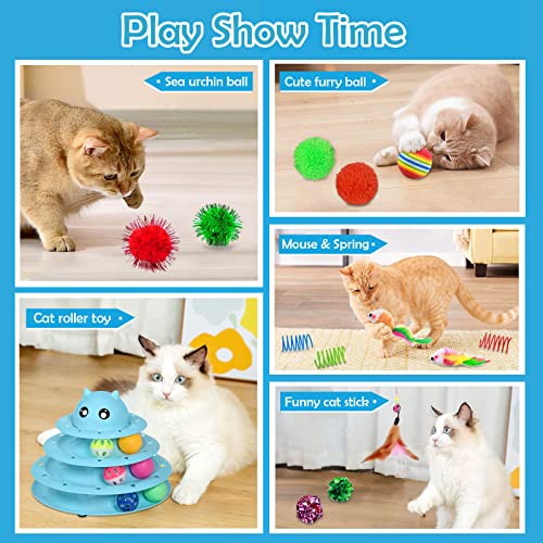 UPSKY 20 PCS Cat Toys Set with Teaser, Mice, Spring, and Various Ball Toys - color: B-Blue