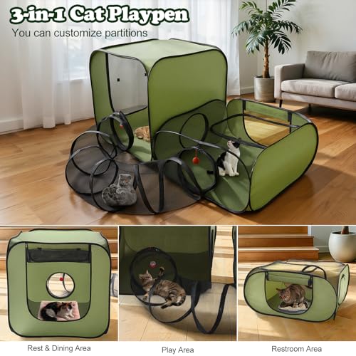 Cat Playpen, 3-in-1 Pop-up Outdoor Cat Enclosure, Green - color: Green