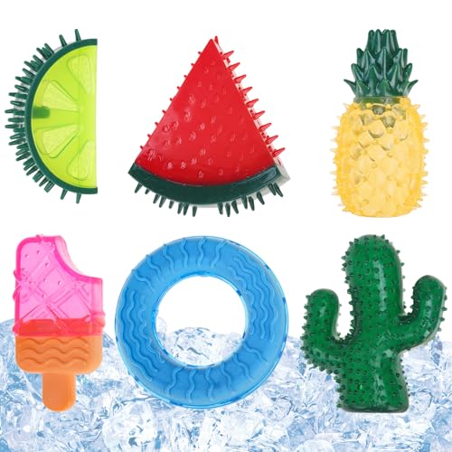 Cooling Chew Toys, 6 Pack Freezable Teething Toy Set for Puppies, Chew Toys Squeaky Fruits & Dessert Shapes Dog Toys, Frozen Dog Teethers for Small Medium Breeds,Summer Interactive Treat Tools