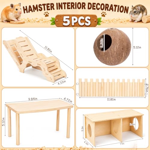 Novabright 5 Pcs Hamster Wooden Platform Set Including Hideout Climbing Tunnel Platform Coconut Hut Hamster Bed Flexible Fence Bridge Wooden House Cage Accessories for Small Animal Dwarf Syrian - style: Hideout Tunnel Set