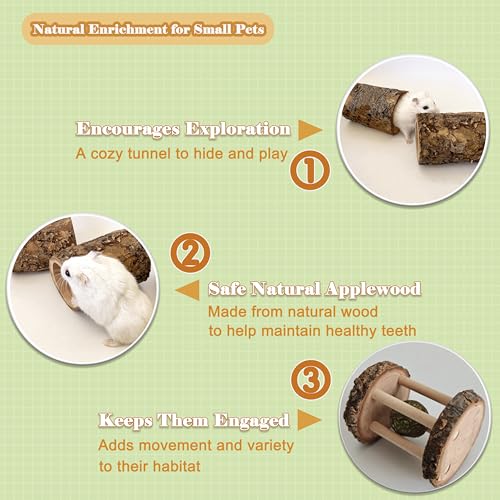 4 PCS Natural Apple Wood Hamster Tunnel and Roller Toy Set Small Animal Hideout and Chew Toys for Dwarf Hamsters Mice Gerbils Rats Sugar Gliders Cage Enrichment Accessories (Style-B) - color: B