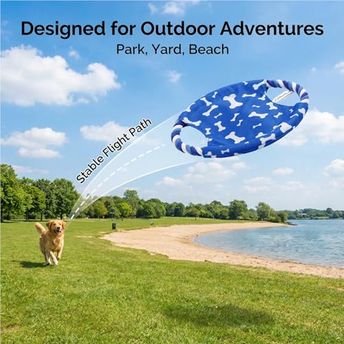 Dog Rope Flying Disc Toy with Squeaker | Durable Canvas Center & Braided Cotton Rope Ring | 2-in-1 Fetch & Tug Interactive Toy for Small & Medium Dogs | 8.8 Inch