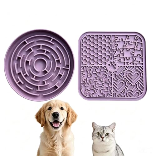 YCT Dog Cat Lick Mat and Slow Feeder Bowl Set, Thickened Food Grade Silicone with Strong Suction Cups, Anxiety Relief Calming Lick Pad for Bathing Grooming Training - color: Purple
