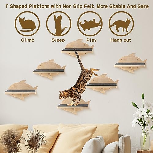 Lenwen 6 Set Cat Wall Shelves, Wood Cat Climbing Step, Wall Mounted,Fish - style: Fish