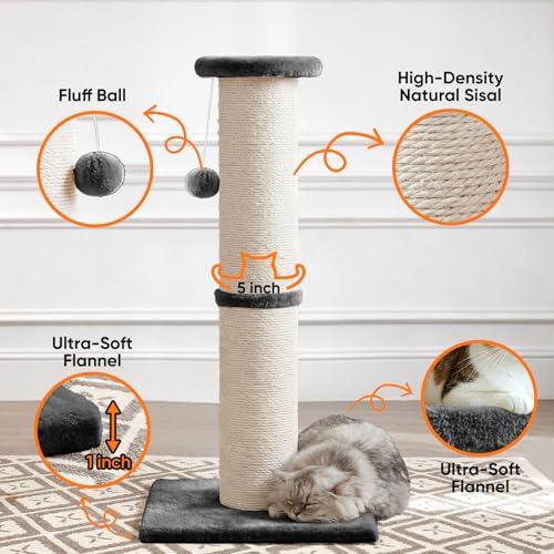PAWSCRAT 32-Inch Tall Cat Scratching Post, 5-Inch Diameter, Sisal, Grey - color: Gery