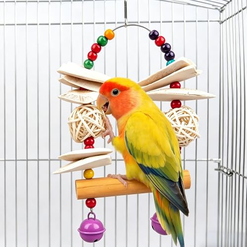 Parrot Cuttlebone Swing Toy – 2-in-1 Hanging Perch with Natural Wood Slices, Rattan Balls & Colorful Beads – Calcium-Rich Chewing Station for Cockatiels, Budgies, Parakeets