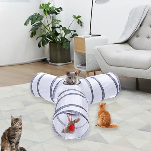 Cat Tunnel Tube Toys, 3 Ways Tunnels for Indoor Cats with Play Ball - color: 3 Way White Gray