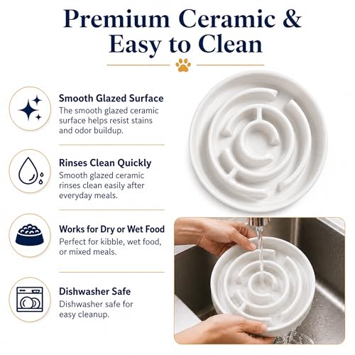 Ceramic Slow Feeder Dog Bowl 1.5 Cup Puzzle Dish for Small Medium Dogs - color: Ceramic-White