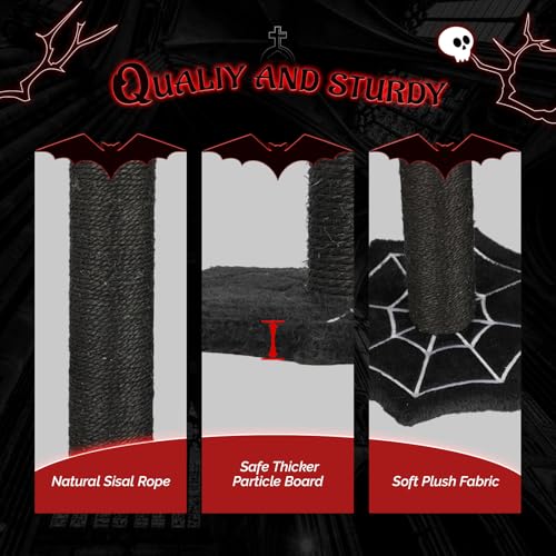 VINGLI Halloween Cat Scratching Post, Gothic Premium Sisal Scratch Posts with Hanging Bat Decor, Webs Shaped Base, Black