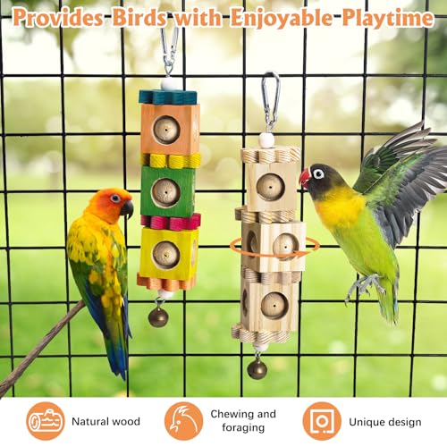 2PCS Bird Chew Toys, Wooden Block Parrot Toy - color: Natural Wood