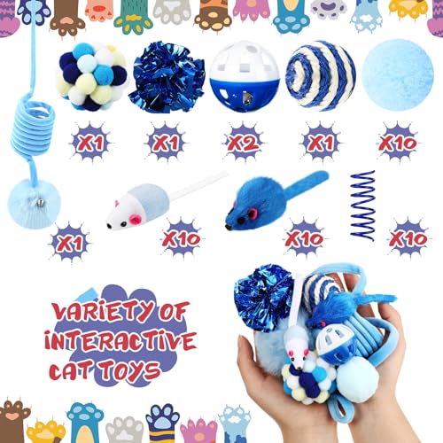 Gemscream 46 Pcs Cat Toys Set Interactive Cute Cat Indoor Toys, Blue - color: blue