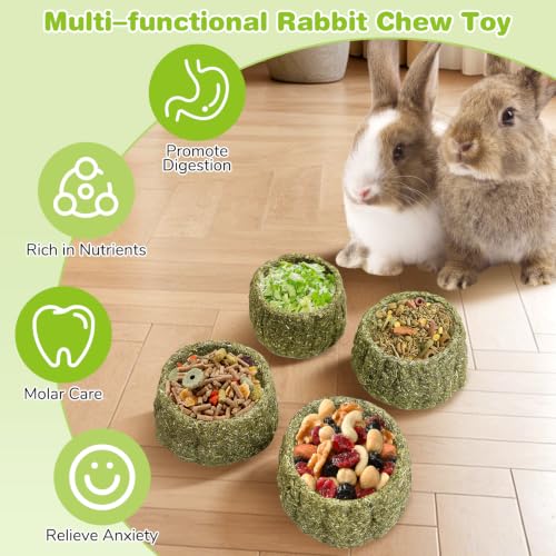 Hamiledyi Guinea Pig Chew Toys 4 Pcs Natural Timothy Hay Treats Chew Bowl