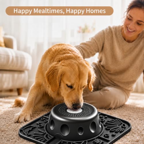 Dog Licking Slow Feeder Bowl with Rolling Ball Anti-Gulping, 2 in 1 Dog Non-Slip Lick Mat, Edible Silicone for Wet Food, Yogurt, Bone Broth, Nutrient Solution Black - color: Black, size: Single
