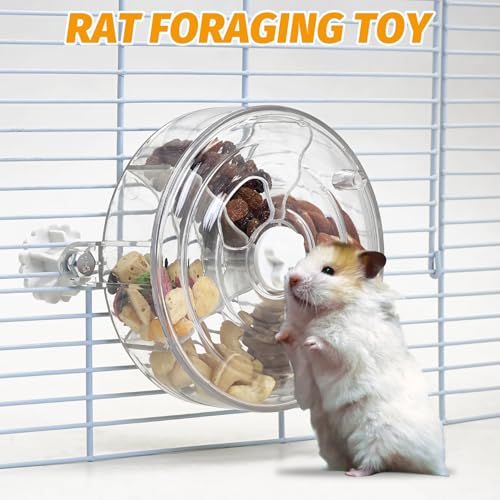 VCEPJH Rat Foraging Toy Interactive Slow Feeder with Transparent Rotating Treat Dispenser Wheel for Enrichment Activities Pet Rat Cage Accessories Ideal for Syrian Hamster Gerbil Mice (White) - color: White