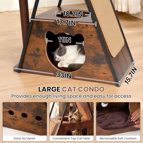 71" Modern Wood Cat Tree for Large Cats - Heavy Duty Tall Cat Tower for Indoor Cats, Multi-Level Cat Furniture with Spacious Condo, Large Perch, Scratching Posts & Hammock (Brown) - color: brown