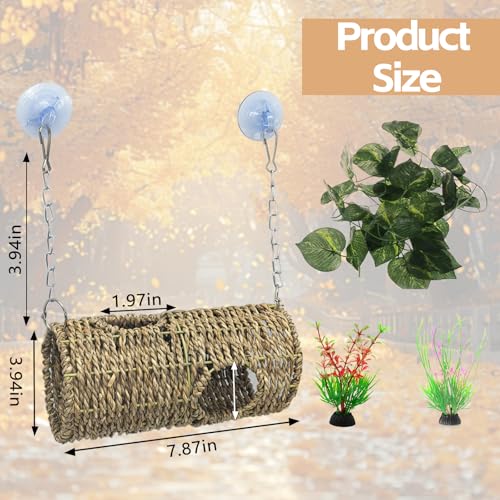 Hanging Reptile Hide Cave,Natural Seagrass Fiber Bearded Dragon Hammock Hideout,Reptile Shelter Sleeping Cave Swing Climbing Toys Terrarium Decor for Lizard Gecko Snake Hermit Crabs(Round) - size: Round:7.87*3.94*3.94"