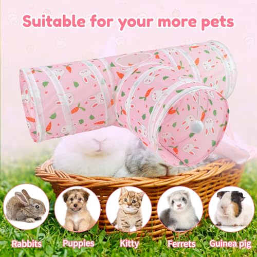 BWOGUE Bunny Tunnels & Tubes, 3-Way Collapsible Rabbit Hideout for Bunnies - color: Pink