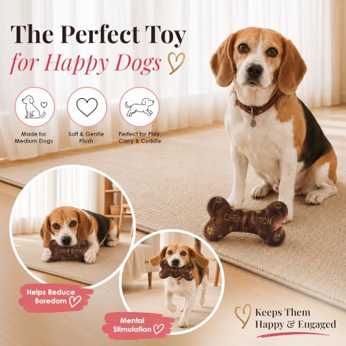 Dog Diggin Designs Chewy Vuiton Plush Dog Toy Bone | Luxury-Inspired Parody Designer Bone with Squeaker, Soft Plush Chew & Play Dog Toy – Prêt-à-Porter Play! - color: Brown Bone, size: Large