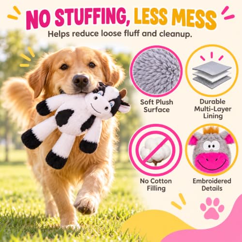 3Pack No Stuffing Dog Squeaky Toys, Plush with Crinkle for Medium Small Pet - style: Cow&Fox&Donkey
