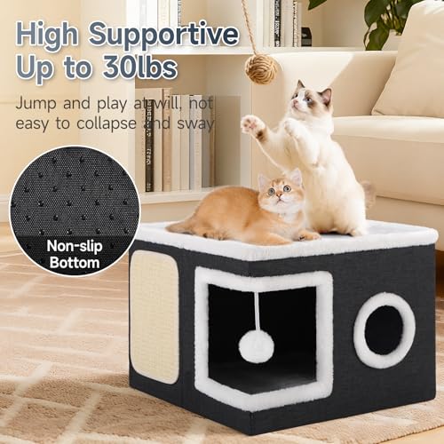 Shikha Cat House Bed for Indoor Cats with Fluffy Ball and Scratch Pad Black - color: Black, size: Large